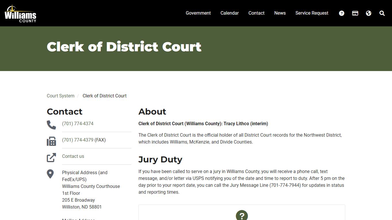 Clerk of District Court - Williams County, ND