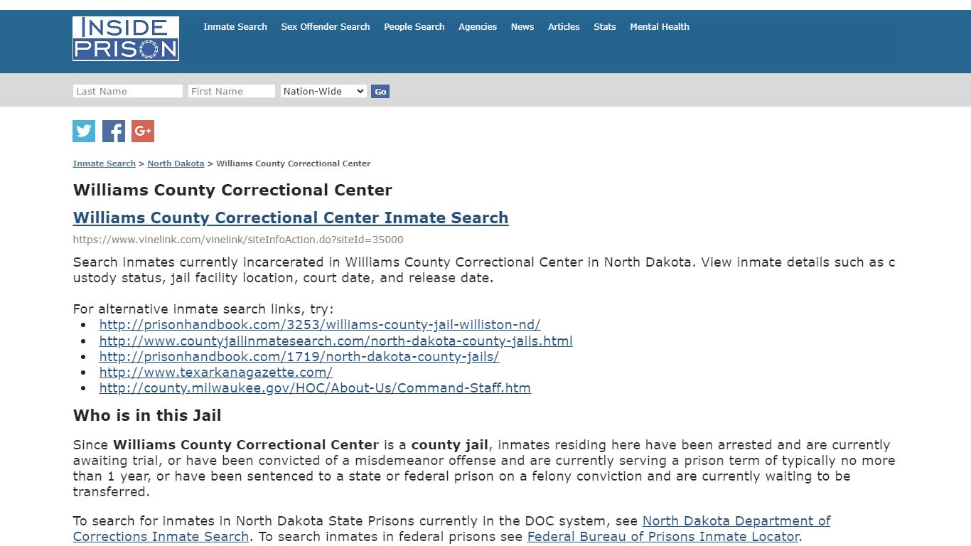 Williams County Correctional Center - North Dakota - Inmate Search